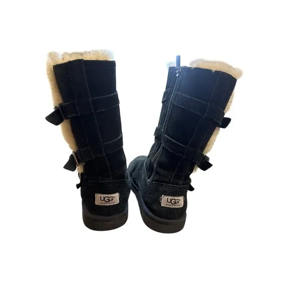UGG Girls Black Mid Calf Fur Lined Boots Size 4 With Buckles &amp; Zipper Closure SK